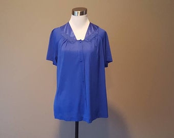 Sleep Shirt Medium Vassarette  Pajama Top  Bed Jacket Blue Nylon Vintage Lingerie