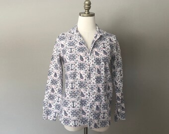 Camicia da notte Petite Small Nautica Bianco Blu Rosso Fiocco di neve Ancora Stampa Bottoni Davanti Manica lunga Flanella Pigiama Top da letto Lingerie vintage