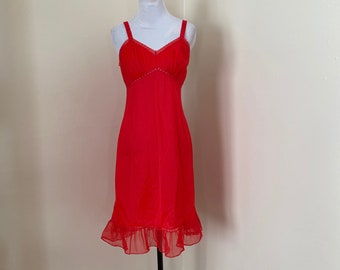 RESERVED FOR MAIA Rogers Size 34 Vintage Full Slip Red Sheer Ruffle Hem Valentines Day!...