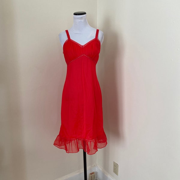 RESERVED FOR MAIA Rogers Size 34 Vintage Full Slip Red Sheer Ruffle Hem Valentines Day!...