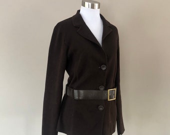 Jacket Medium Jones NY Signature Brown Belted Stretch Cotton Nylon Blend Long Sleeves Vintage Apparel