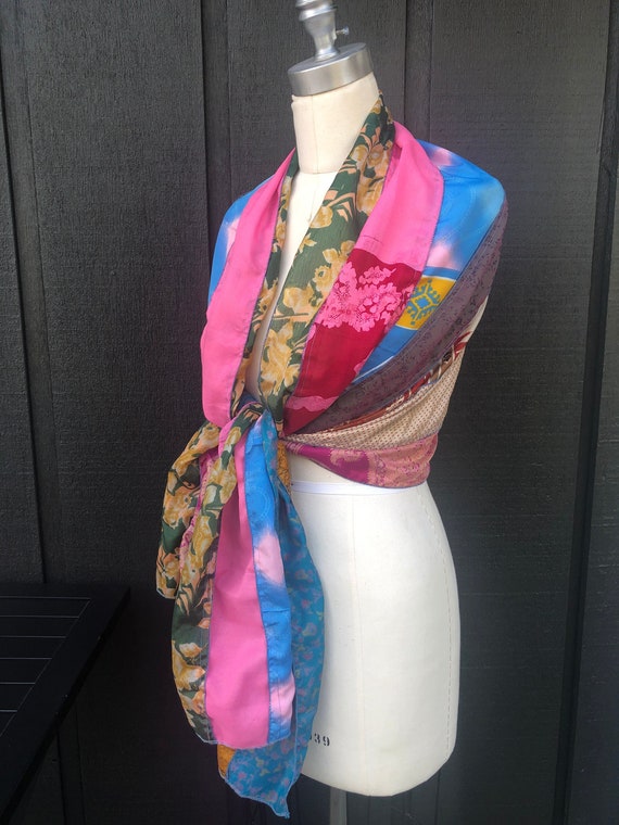 Vintage Plaid and Floral Silk Scarf by Xenze Oblong Silk 