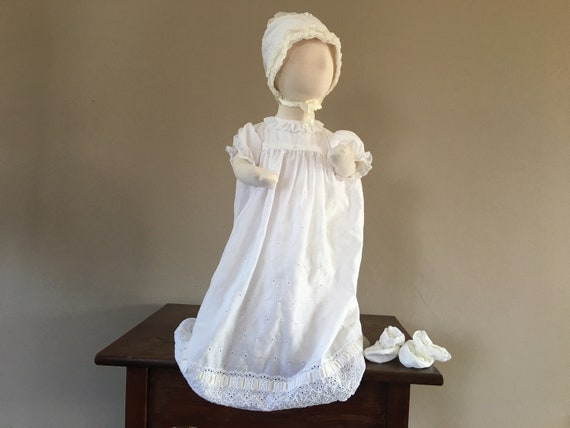 Christening Dress White Cap Gown Booties and Under