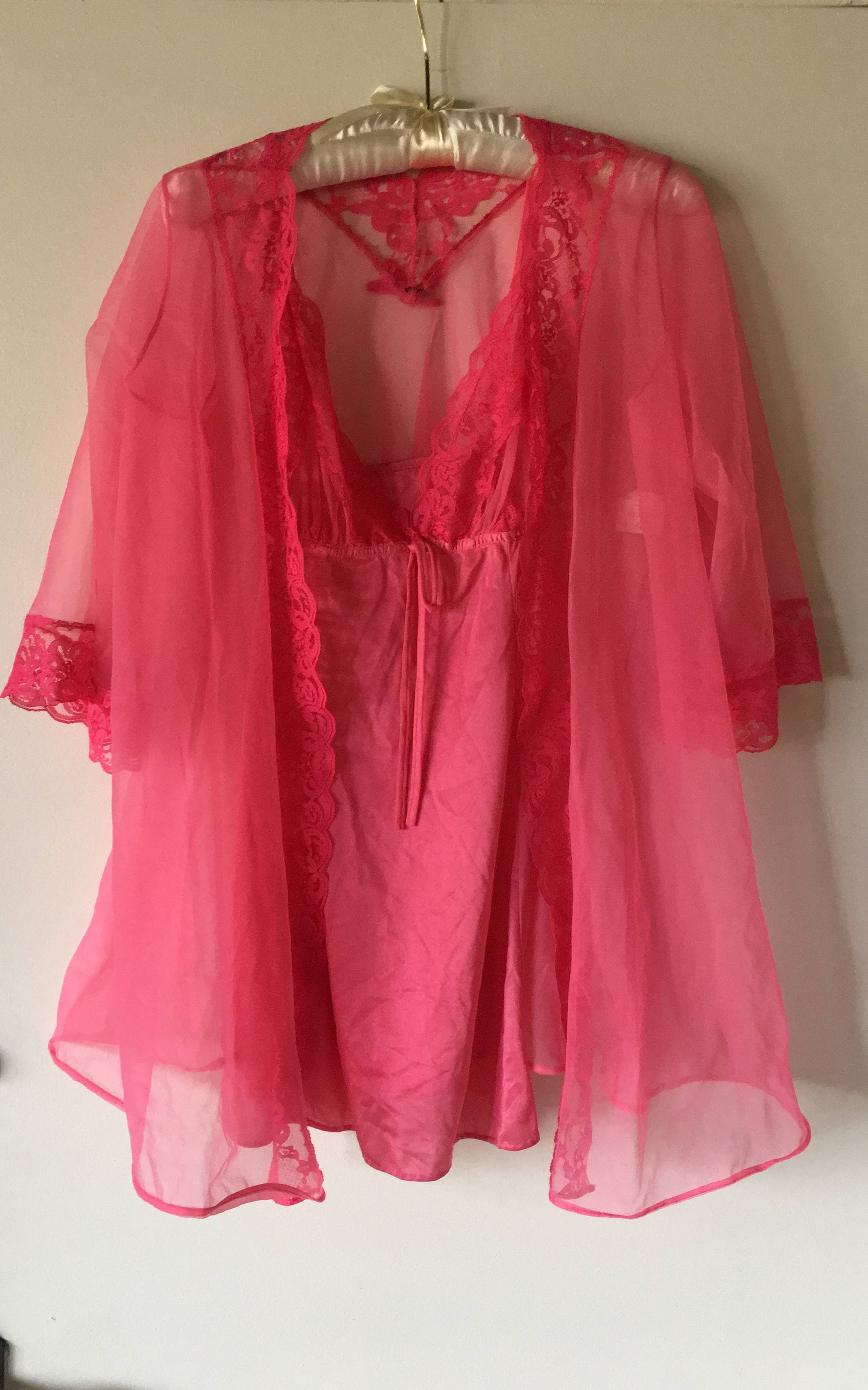 S / Chic Lingerie Chiffon Babydoll Peignoir Set / Pink