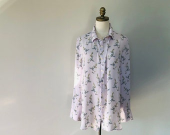 Blouse Large LOFT Pink Floral Button Front Polyester Long Sleeves Vintage Apparel