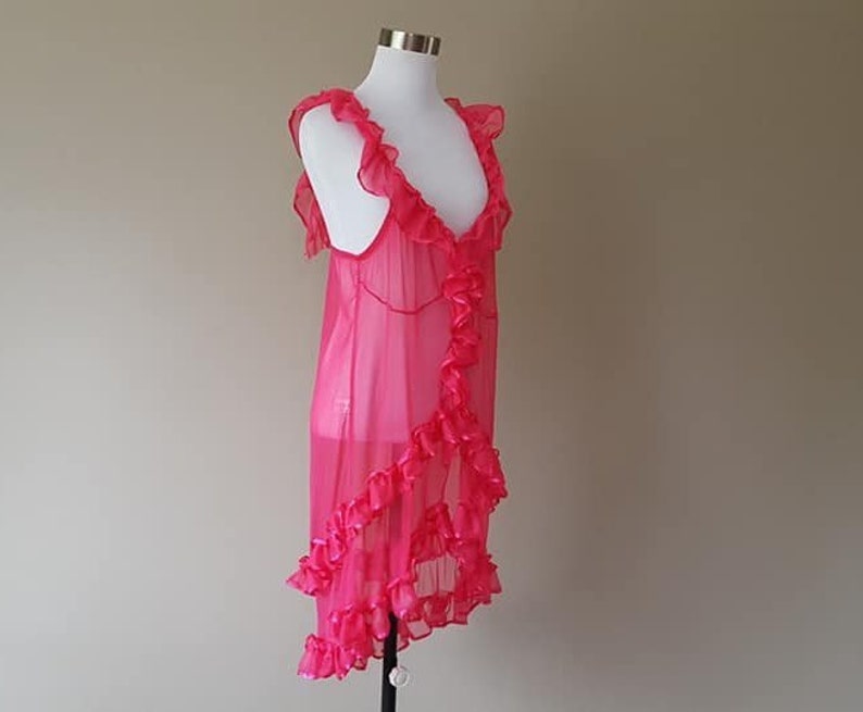 Sheer Nightie 3X Plus Size Hot Pink Ruffles Vintage Lingerie