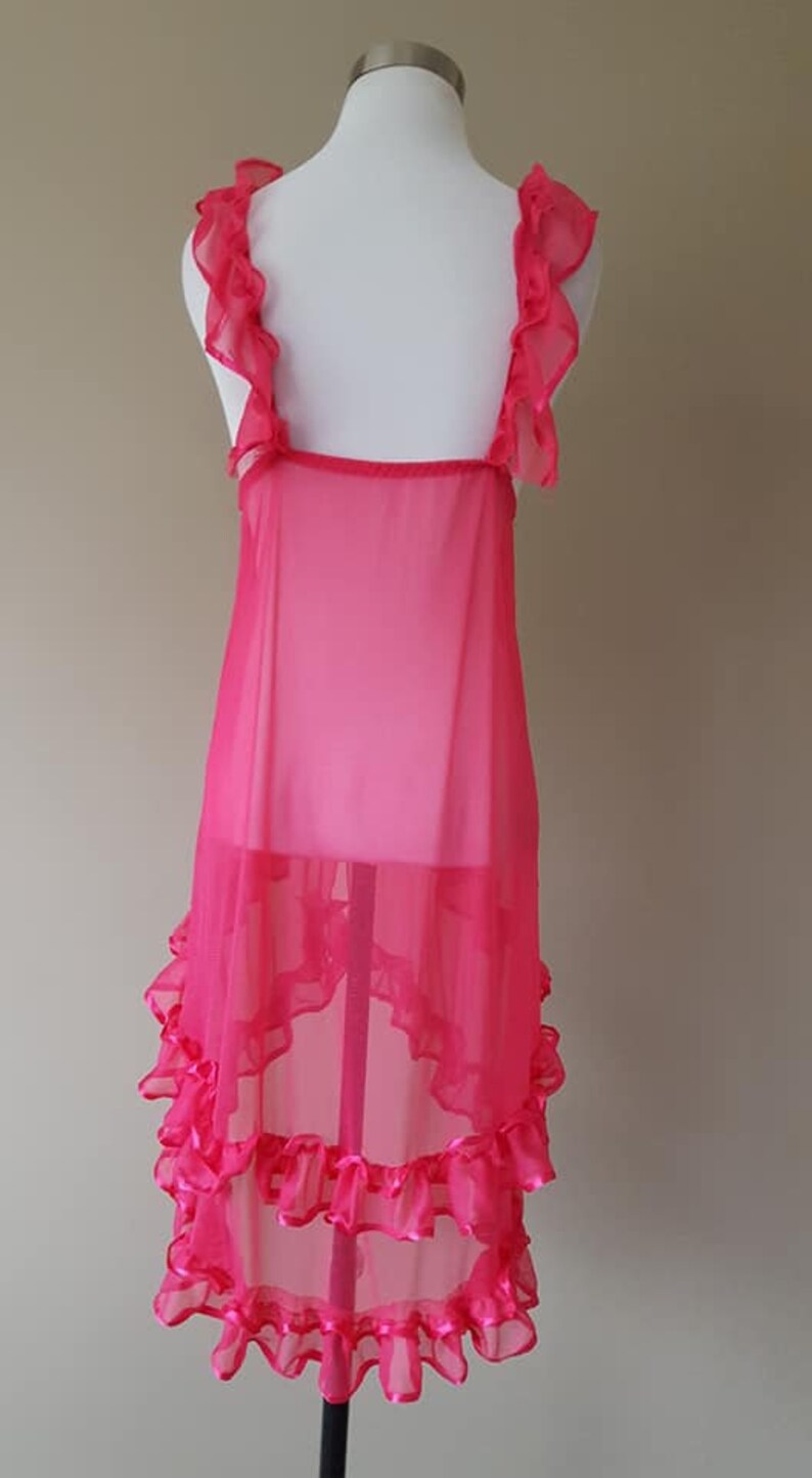 Sheer Nightie 3X Plus Size Hot Pink Ruffles Vintage Lingerie