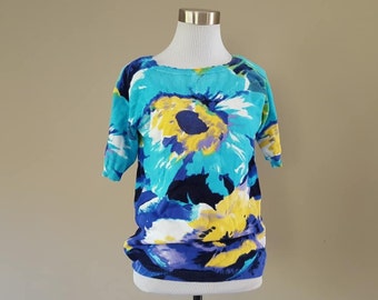 Sweater Small Joseph A Half Sleeves Colorful Floral Pullover Blue Turquoise Yellow  Soft Stretchy Vintage Cruise Wear