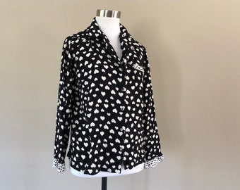 Sleep Shirt Medium Black White Hearts Print  Button Front Long Sleeve Pajama Bed Top Vintage Lingerie