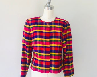 SILK Jacket Size 10 Maggie L Bold Colorful Plaid Long Sleeve Shoulder Pads Button Front Crew Neck Vintage