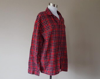 Sleep Shirt Large Red Plaid All Cotton Long Sleeves Vintage Sleepwear