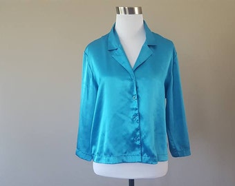 Sleep Shirt Small Medium Pajama Top Bed Jacket Turquoise Buttons Neck Blue Satin Vintage Lingerie