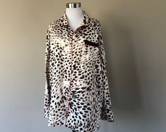 Sleep Shirt XL Leopard Print  Long Sleeve Breast Pocket Bed Top Vintage Lingerie