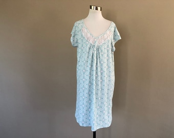 Nightgown Medium Elegant Emily Blue Floral Short Sleeve Gown Vintage Sleepwear