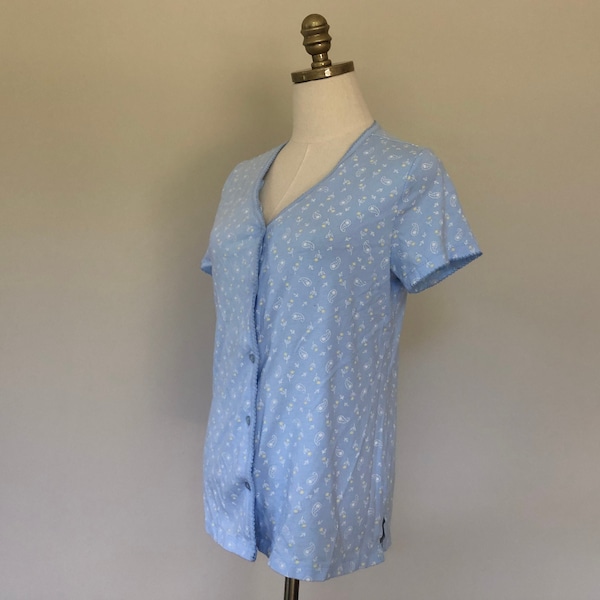 Pajama Top Medium Charter Club Intimates Cotton Sleep Shirt  Blue Yellow Flowers Short Sleeve Button Front Vintage Lingerie