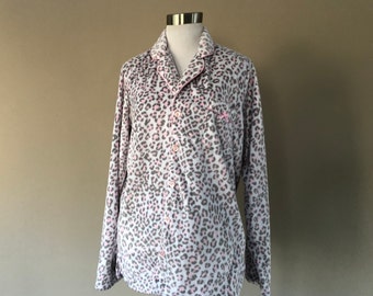 Sleep Shirt Medium Charter Club Intimates Animal Leopard Print Grey Pink Fleece Button Front Long Sleeves Bed Top  Vintage Lingerie