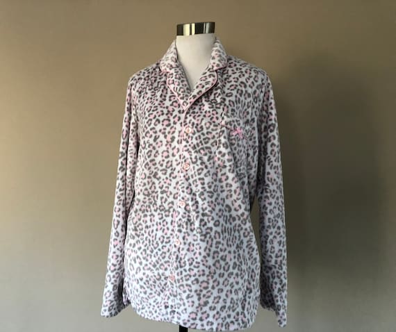 Sleep Shirt Medium Charter Club Intimates Animal Leopard Print Grey Pink  Fleece Button Front Long Sleeves Bed Top Vintage Lingerie 
