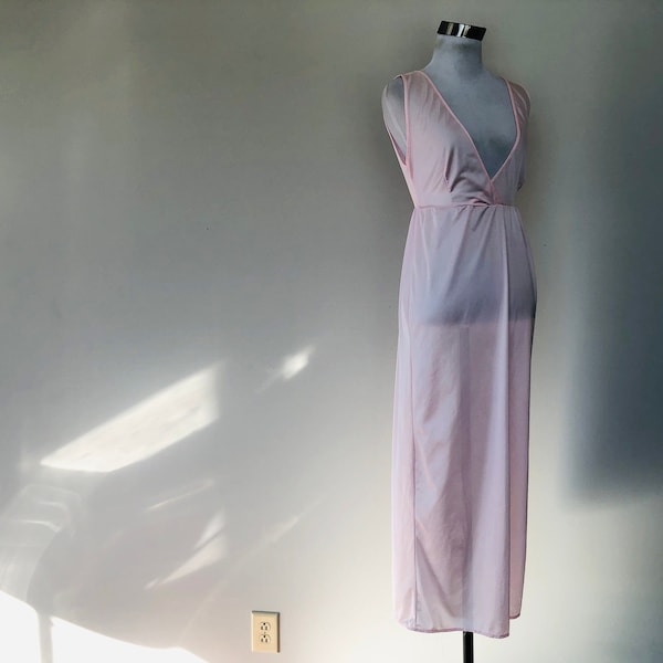 Nightgown Extra Small Long Pink Nylon Goddess Gown V Neck Vintage Lingerie