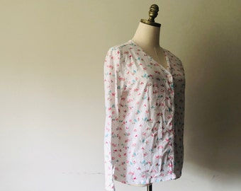 Pajama Top Large Charter Club Intimates Cotton Sleep Shirt  White Pink Blue Birds Floral Long Sleeve Button Front Vintage Lingerie