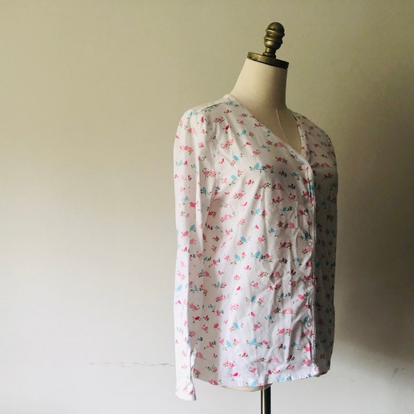 Pajama Top Large Charter Club Intimates Cotton Sleep Shirt  White Pink Blue Birds Floral Long Sleeve Button Front Vintage Lingerie