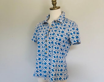 Pullover Medium Shirt Blouse J Mclaughlin Blue and White Lattice Pattern Short Sleeves  Vintage Apparel