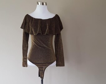 Teddy Medium Hottie Gold Black coop Neck Long Sleeves Teddie  1980s Vintage Lingerie