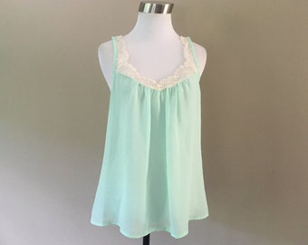 Chemise de nuit Lys moyen blanc Made in USA Pull col en V Vert menthe Déshabillé transparent Lingerie vintage