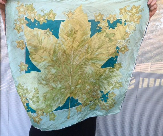 Large Turquoise Blue and Green Leaf Square Scarf … - image 1