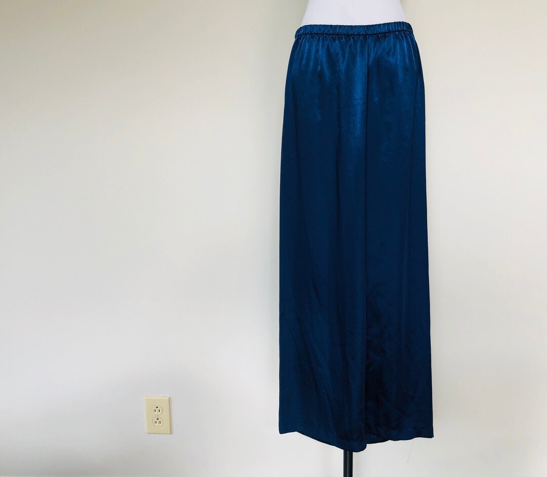 Large Pajama Sleep Pants, Navy Blue Satin Bottoms, Elastic Waist Bed ...