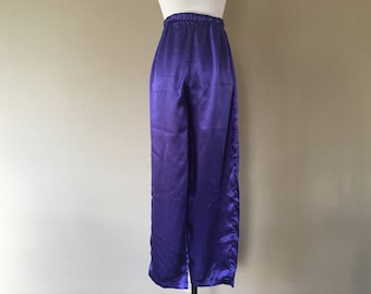 Sleep Pants Small Purple Satin Elastic Waist Pajama Bed Bottoms Resting Lounge Wear Vintage Lingerie