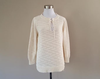 Pullover Large Ann Taylor Loft Neck Tie Crew Neck Cotton Off White Three Quarter Sleeves  Vintage Sweater