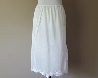 Half Slip Extra Large Sears Fits Waist 33 35 Inch White Nylon w Lace Trimmed Hem Side Lace Trimmed Kick Slit Elastic Waist Vintage Lingerie