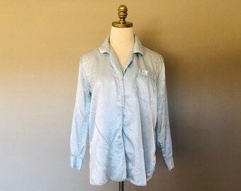 Night Shirt Large Kathryn Blue Satin Long Sleeve Button Front Pocket Vintage Sleepwear
