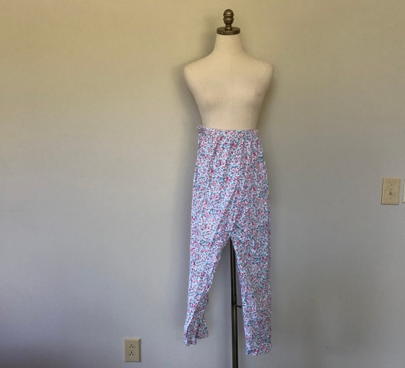 Sleep Pants Medium Pink Roses Blue Leaves Cotton … - image 3