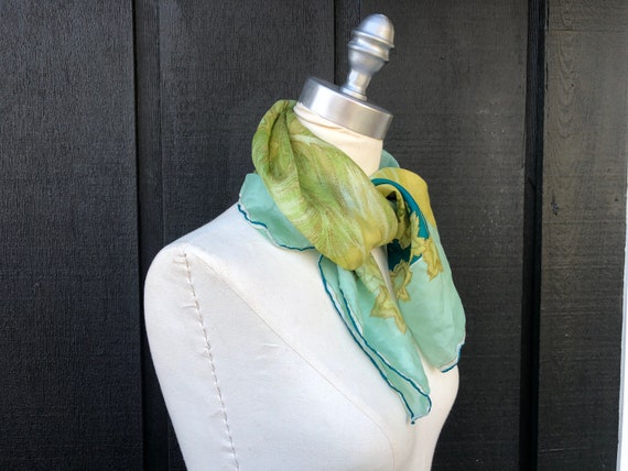 Large Turquoise Blue and Green Leaf Square Scarf … - image 5