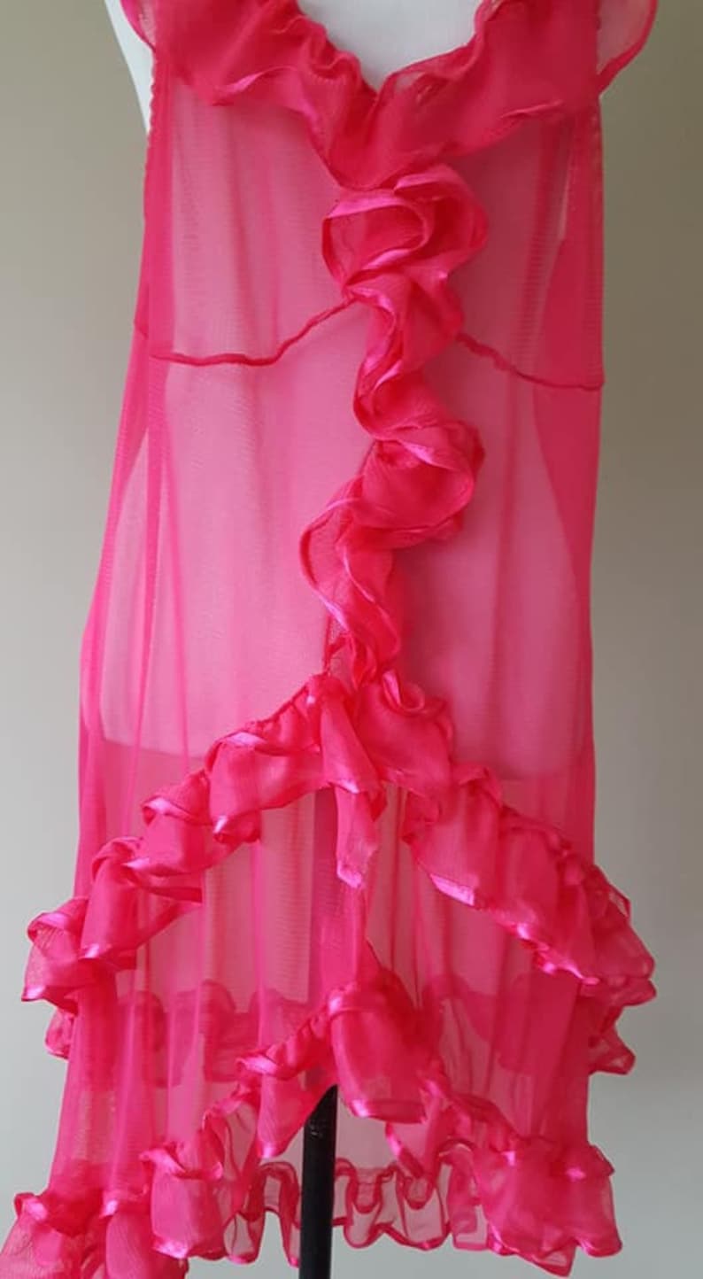 Sheer Nightie 3X Plus Size Hot Pink Ruffles Vintage Lingerie