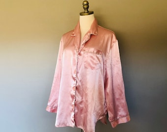 Sleep Shirt Medium Delicates Pink Satin Gray Trim Long Sleeve Button Front Vintage Lingerie