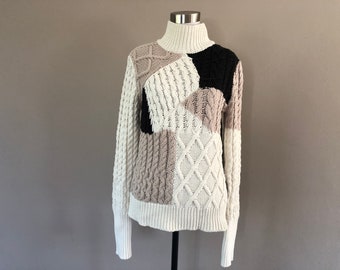 Pullover Medium BaSS MockNeck Short Sleeve Cotton Blend Beige Black White Geometric Pattern Vintage Sweater