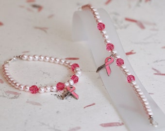 Breast Cancer Awareness Bracelet with Pink Ribbon Charm, Breast Cancer Beaded Bracelet, Pink Ribbon Bracelet, Support Bracelet Handmade