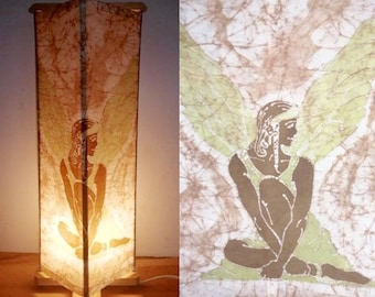 Wood elf batik lamp hand dyed waxbatic textile art elf natural art table lamp