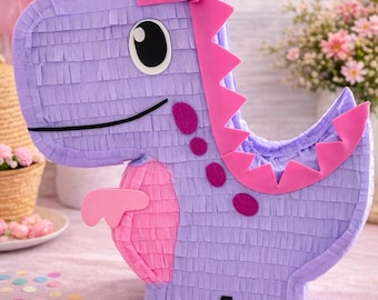 Girl Dinosaur Piñata – Pink & Purple Dino Party Decor, Cute Dinosaur Birthday, Kids Party Decoration, Girl Dino Theme (Piñata Only)