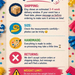 May include: A rectangular informational sign with a cream-colored background and colorful confetti borders. The text reads Quick Info, Shipping, Size, Handmade, Returns, and Weight Limit, accompanied by icons of a box, tape measure, palette, X, and warning sign.