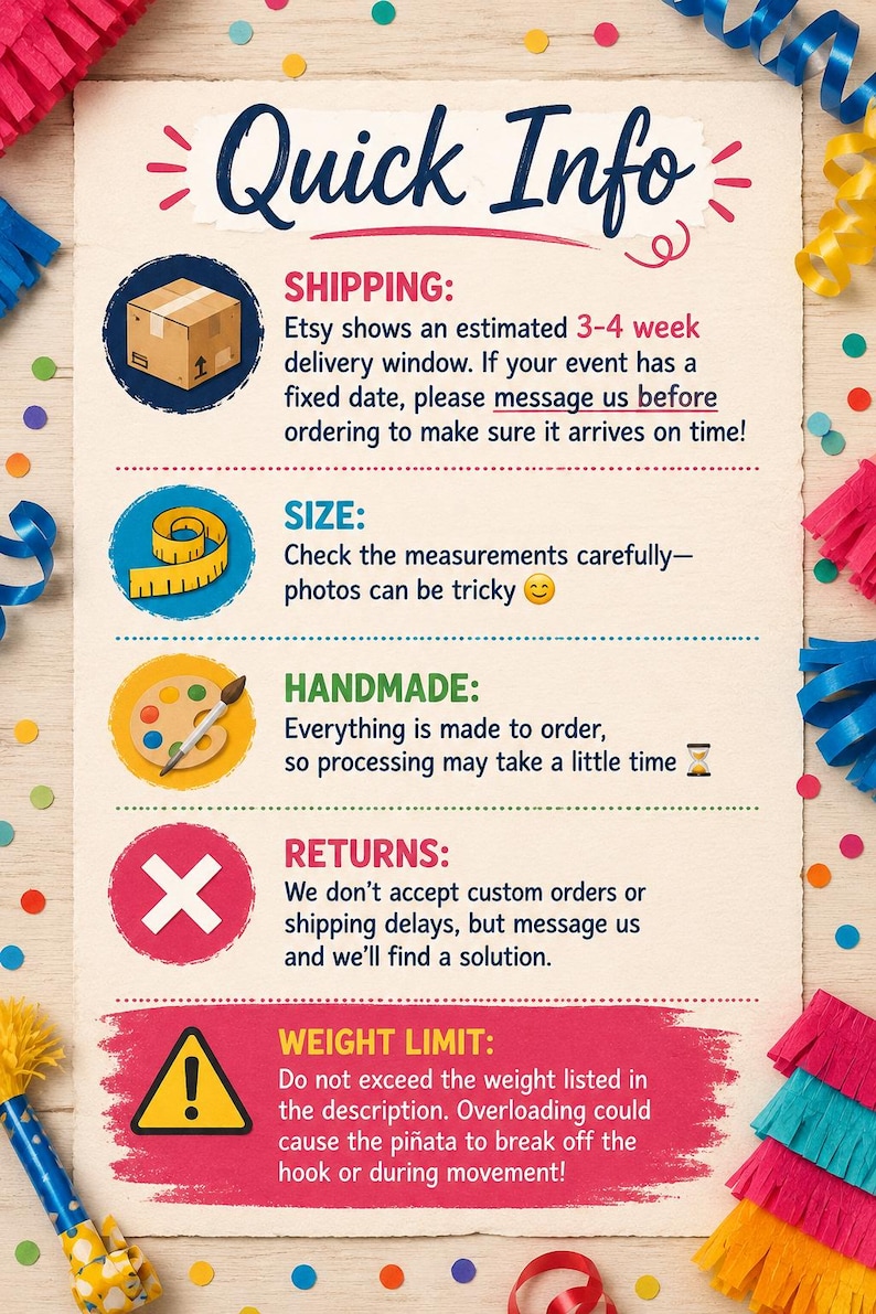 May include: A rectangular informational sign with a cream-colored background and colorful confetti borders. The text reads Quick Info, Shipping, Size, Handmade, Returns, and Weight Limit, accompanied by icons of a box, tape measure, palette, X, and warning sign.