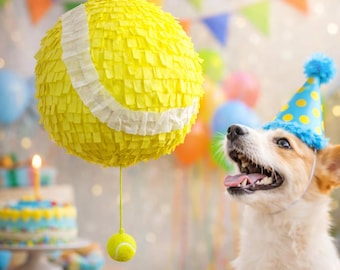 Yellow Tennis Ball Piñata for Dogs 14in, Puppy Party Decoration, Pet Birthday Decor, Includes Rope & 3in Ball, (Piñata Only)