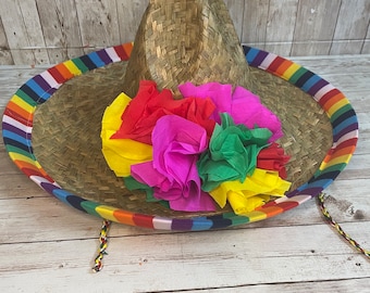 Fiesta Sombrero Hat Adult with flowers. Mexican Party Adult Size. Party theme