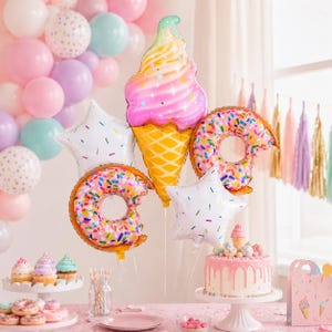 Ice Cream Party Decorations – Donut Balloon Set, Sweet Shop Birthday Decor, Candyland Party Balloons, Dessert Theme Birthday (5 pcs)