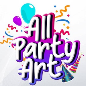 May include: A colorful logo with the text "All Party Art" in white letters with a 3D effect. The logo is set against a white background with confetti and balloons.