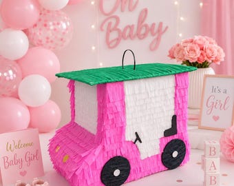 Pink Golf Cart Piñata – Baby Shower Girl Decor, Pink Golf Baby Shower, Golf Theme Party Decoration, Girl Birthday, Party Bundle Available