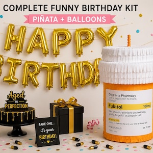 May include: A complete funny birthday kit featuring gold foil Happy Birthday balloons, a black cake with an Aged to Perfection topper, a black gift box with a gold ribbon, and a large orange prescription bottle pi&ntilde;ata labeled Fukitol 100mg.