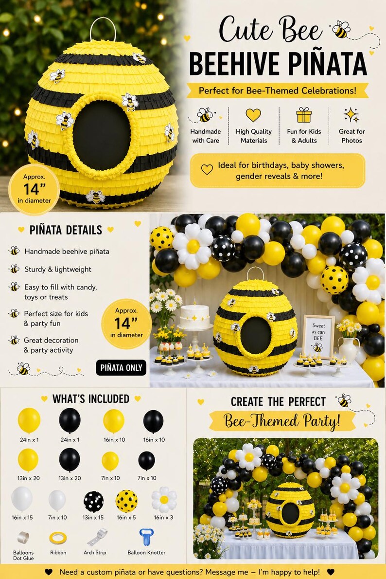 Beehive Piñata – Bumble Bee Party Decor, Bee Baby Shower Decoration, First Birthday Party, Handmade Bee Theme, Party Bundle Available Piñata + Ballons kit